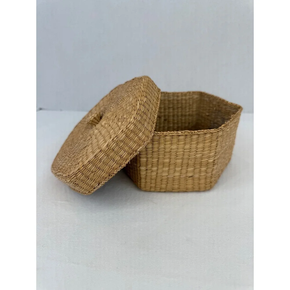 Vintage Cottage Hexagon‎ Woven Seagrass Basket w/Lid Boho Storage Decorative Box